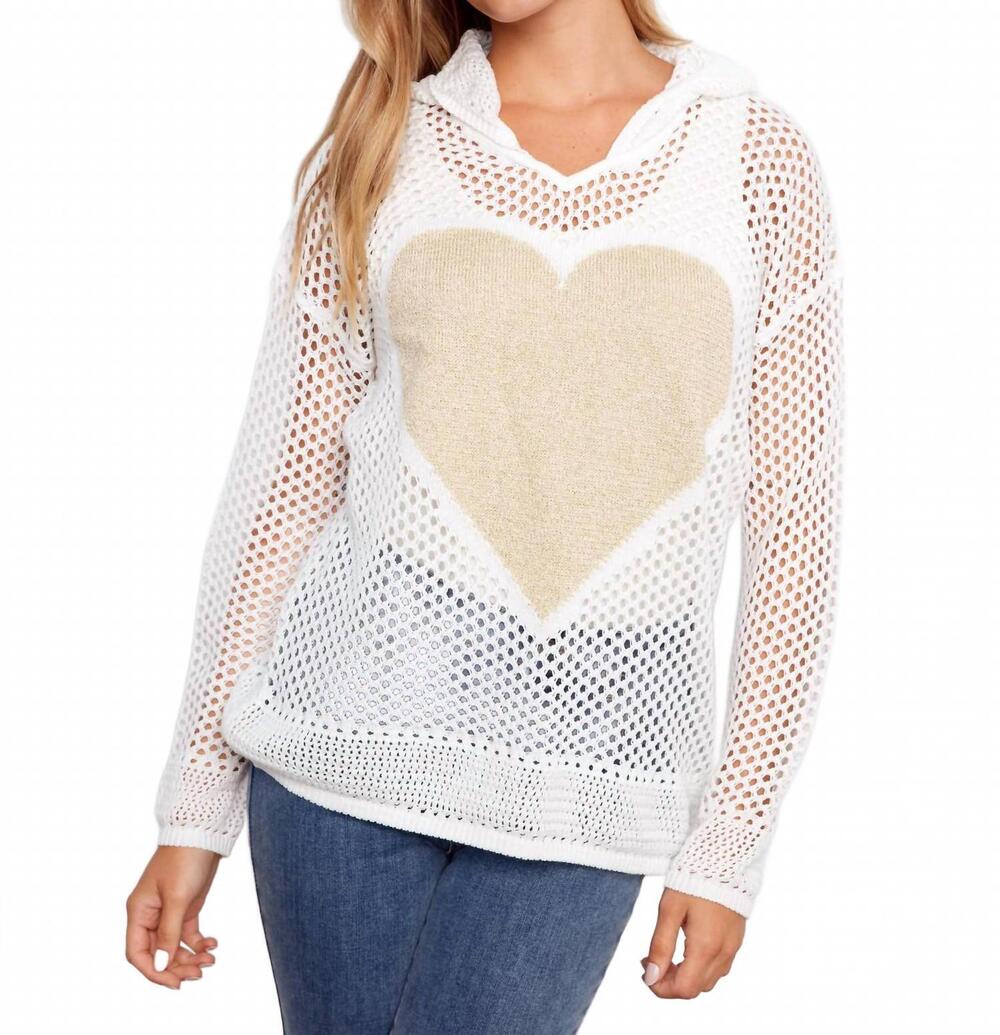 NEW CHARLIE B fishnet hoodie sweater with heart in white